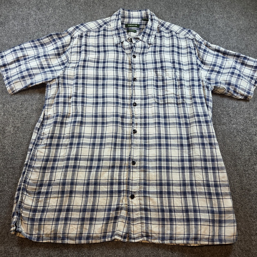 Orvis Mens Shirt Large Blue Plaid Linen Blend Active Fit Short Sleeve Button Up